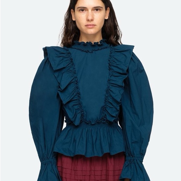 Sea NY Gaia Ruffled Tie Back Long Sleeve Backless Top Aegean Blue - Picture 14 of 15